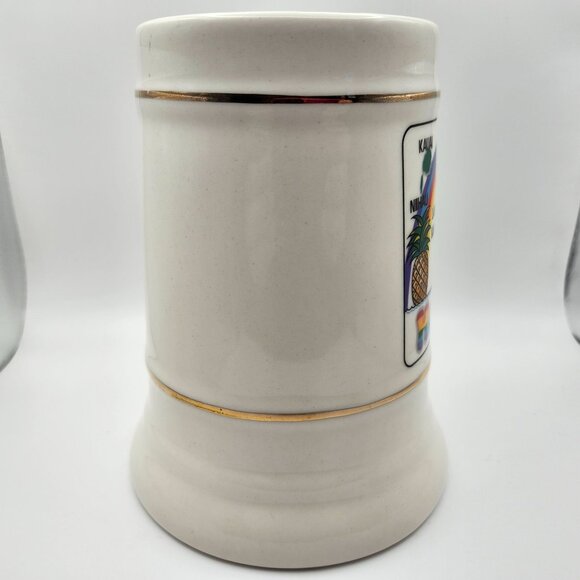 Vtg Hawaii Ceramic Stein Mug Rainbow Islands Map Design 32oz Hibiscus Pineapple - Picture 3 of 9